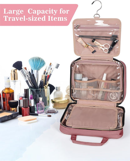 BALHLHG Toiletry Bag for Women With Hanging Hook, Medium Travel Makeup Organizer, Water-resistant Cosmetic Toiletries Bag for Bathroom, Trip, Business, Rosewood-Pink