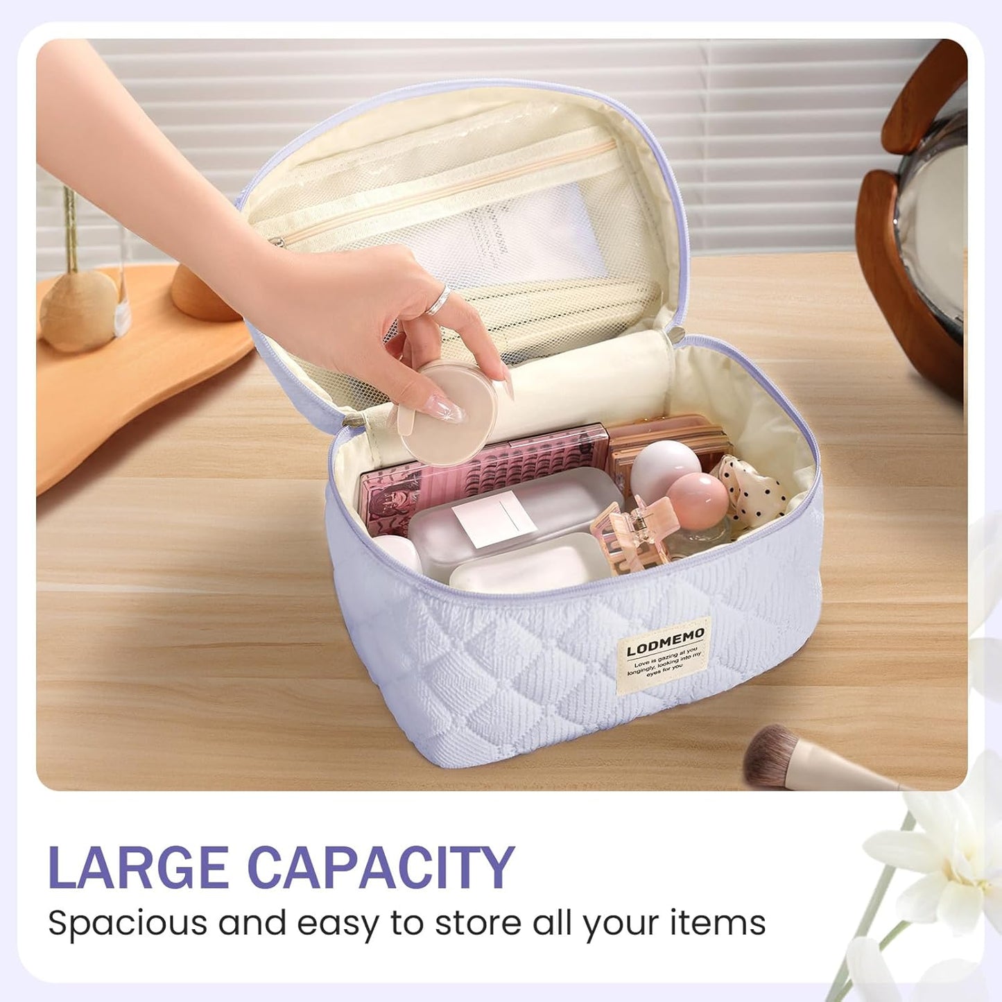 Makeup Bag 3 PCS Cosmetic Bags for Women, Large Travel Make up Bag Set Cute Cotton Toiletry Bag Organizer Pouch for Purse, Purple