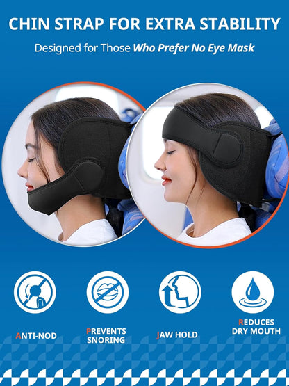 Travel Pillow Combo with Chin Strap, Airplane Pillows with 3D Eye Mask for Sleeping, 360° Support Plane Head Strap for All Plane Seats, Long Flights Essentials, Stop Bobblehead, Pink