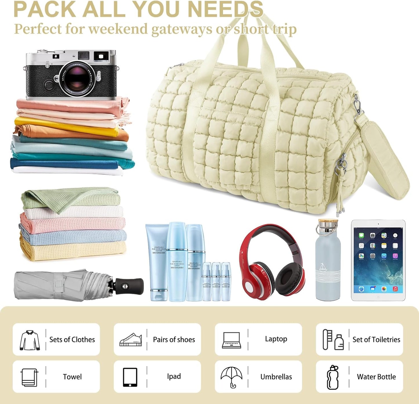 Quilted Travel Duffle Bag Gym Bag for Women,Large Puffer Duffle Weekender Bag with Compartment,Workout Overnight Carry on Organizer Bag Duffle Bag for Airplane Travel(L-Off-white)