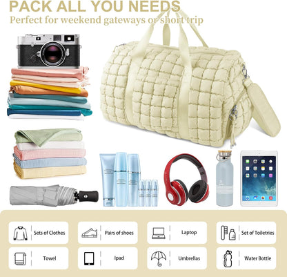 Quilted Travel Duffle Bag Gym Bag for Women,Large Puffer Duffle Weekender Bag with Compartment,Workout Overnight Carry on Organizer Bag Duffle Bag for Airplane Travel(L-Off-white)