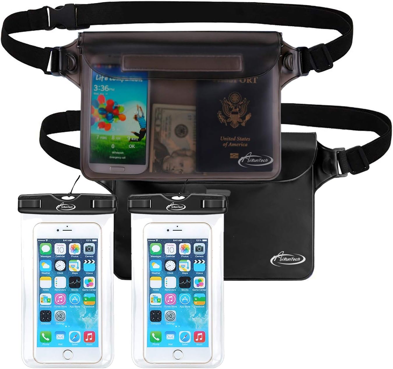 AiRunTech Waterproof Dry Bag and Waterproof Cell Phone Bag for Outdoor Water Sports, Boating, Hiking,Kayaking,Fishing (2 * Phone case(Clear) + 2 * Fanny Pack(Black+Gray))