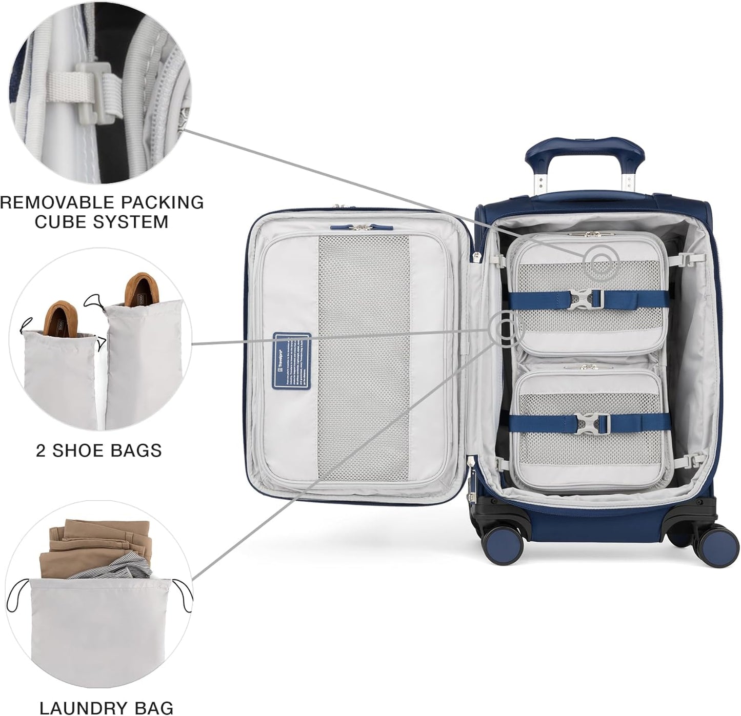 Travelpro VersaPack+ Lightweight Softside Expandable Carry on Luggage, 8 Spinner Suitcase, TSA Lock, Men and Women, Carry On 21-Inch, Estate Blue