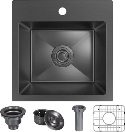 15 x 15 inch Drop in Bar Sink Black, Gunmetal Black Bar Sink 18 Gague Topmount Single Bowl Small Kitchen Sink with Basket Strainer Drain & Bottom Grid