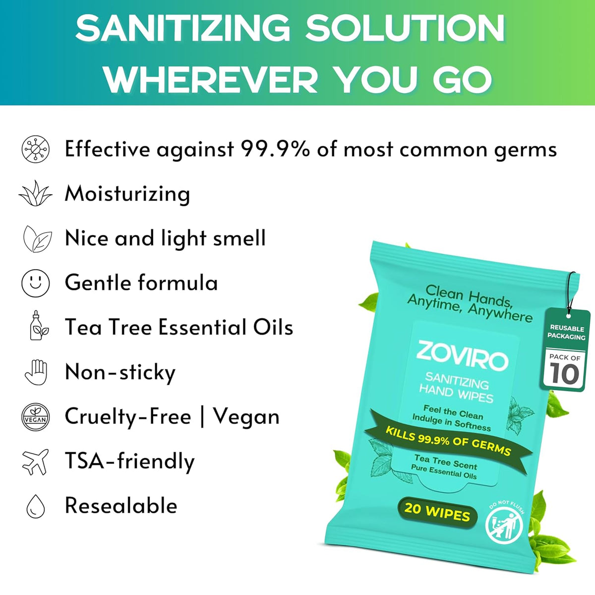 Zoviro Hand Sanitizer Wipes, Moisturizing With Tea Tree Essential Oil, Ultra-Soft 100% Viscose, Hand Wipes Travel Size, Tea Tree Scent, 20 Count (Pack of 10)