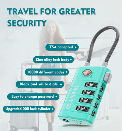 ANVIL 4 Digit Luggage Locks, TSA Locks for Luggage, Advanced TSA008 core, Alert Indicator for Your Travel Lock, Suitcase Lock.(2, Cyan)