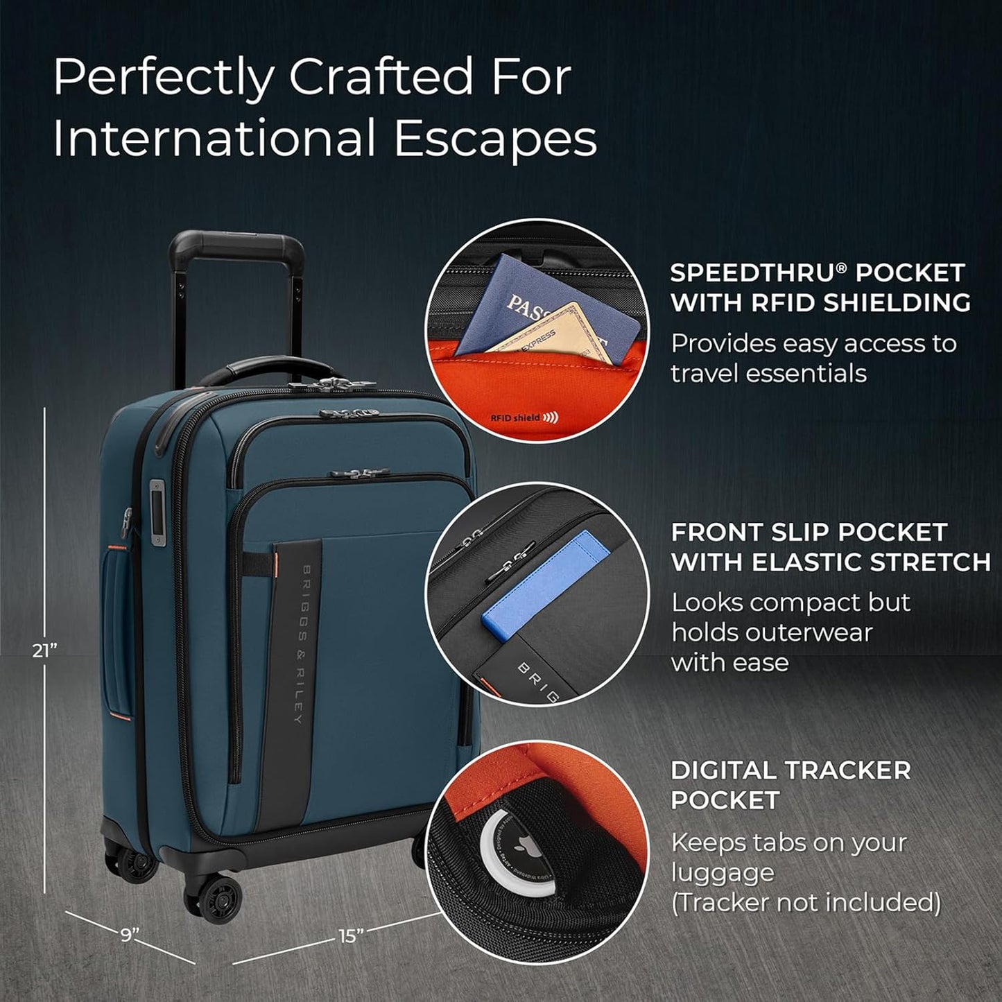 Briggs & Riley International 21" Carry On Expandable Spinner - Luggage for Travel, Suitcases with Wheels, Softside Rolling Bag for Men & Women - ZDX Collection, Ocean