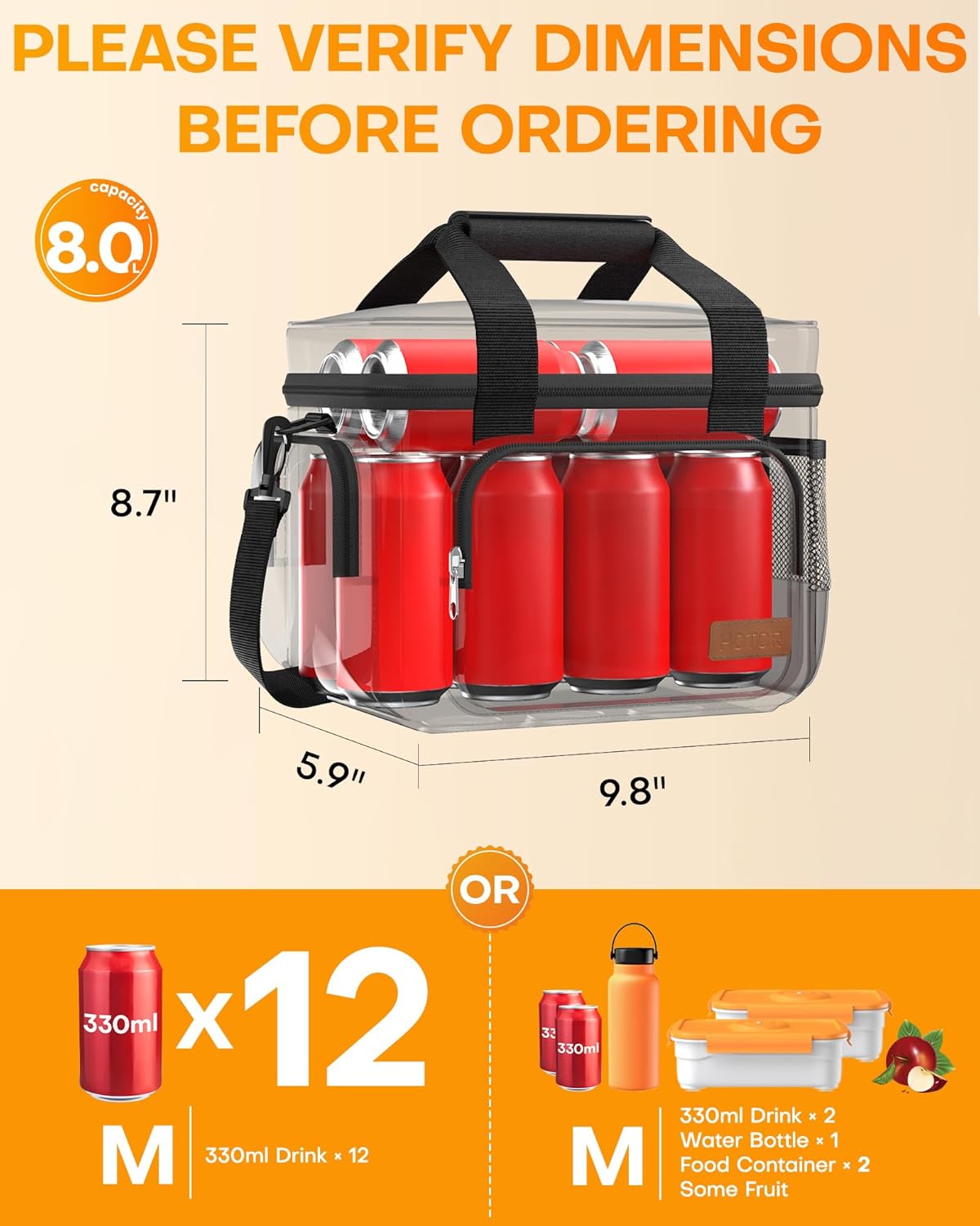 HOTOR Lunch Box for Men and Women - Leak-Proof Insulated Lunch Cooler Bag with Adjustable Strap, Multiple Pockets for Office, Picnic, Hiking, Beach, 1 Layer, 8L, Black, 9.8" x 8.7" x 5.9"