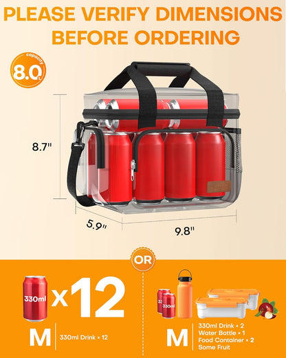 HOTOR Lunch Box for Men and Women - Leak-Proof Insulated Lunch Cooler Bag with Adjustable Strap, Multiple Pockets for Office, Picnic, Hiking, Beach, 1 Layer, 8L, Black, 9.8" x 8.7" x 5.9"