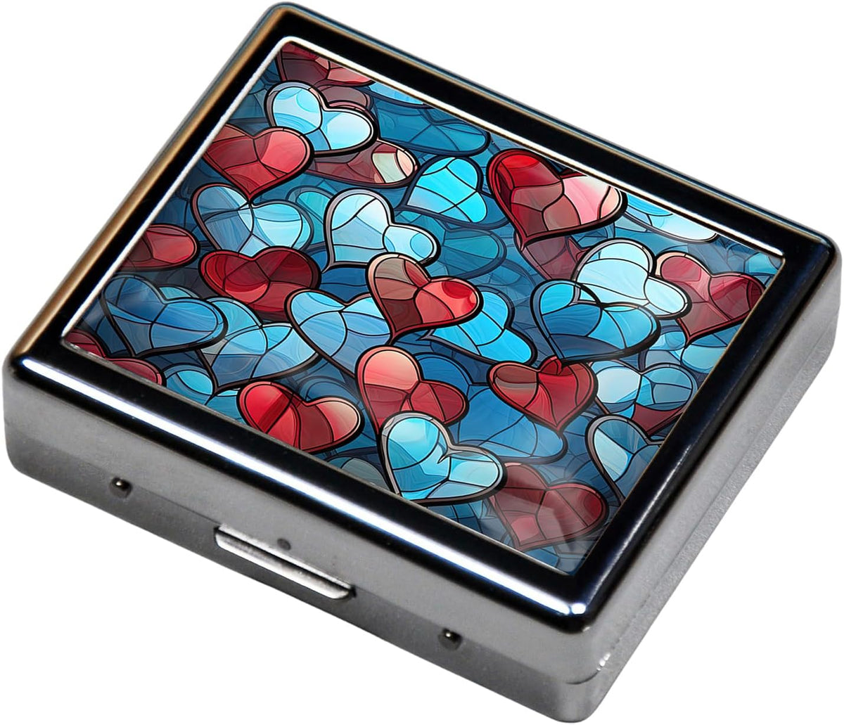 Silver Vintage Pill Box 7 Day Metal Pill Box with Mirror and 8 Compartments Cute Travel Pill Organizer for Purse (Colorful Heart)