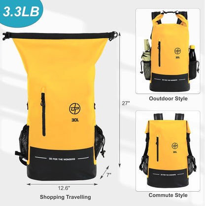 UPWELL 30L Waterproof Dry Bag Boating Backpack for Travel Hiking Camping Kayaking Hiking Swimming Floating Submersible Dry Bag yellow