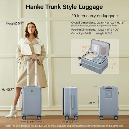 Hanke 20 Inch Carry On Luggage with Cup Holder and Charge,Top Opening Hard Shell Suitcases with Wheels and Dividers,Aluminum Frame Trunk Luggage Small Suitcase with Lock for Travel,Gray