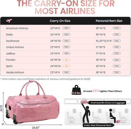 3-in-1 Rolling Garment Bags for Travel, Glitter Wheeled Carry-On Suit Luggage with Shoe Storage & Detachable Bag, Convertible Duffel Bag for Men Women Business Trips Weekender, Wrinkle-Free (Pink)