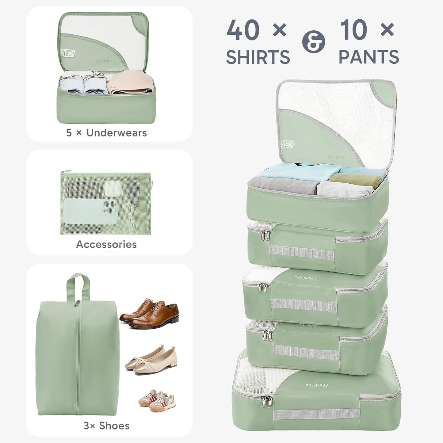 ALL INCLUDED 10 Set Durable Packing Cubes for Suitcases,OlarHike Essentials for Travel,UPGRADED Anti-Tear Stitching, NEW Improved Luggage Packing Organizers for Travel Accessories, Matcha Green