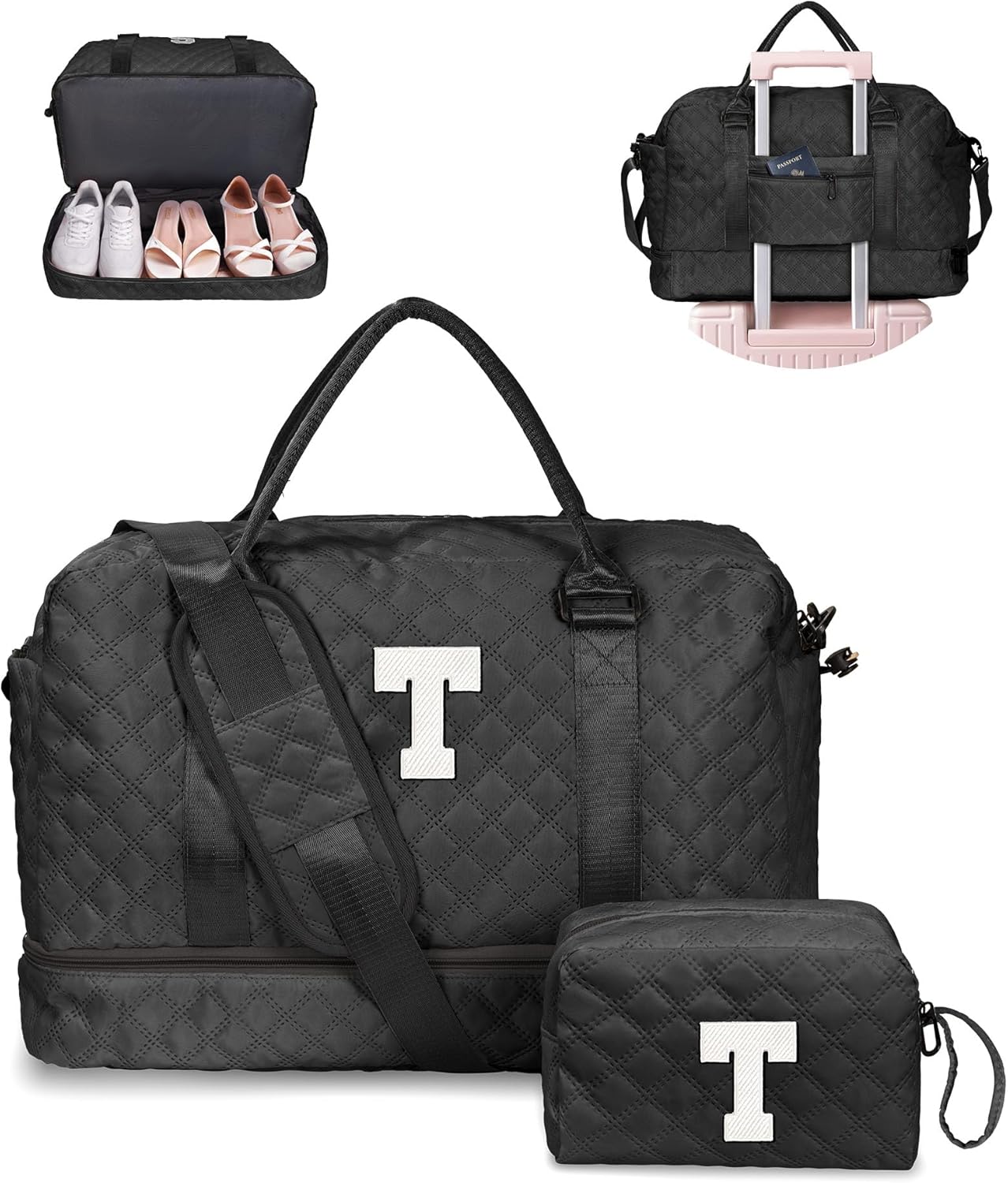 Granddaughter Gifts-Initial Duffle Bag with Shoe Compartment, Personalized Weekender Bag, Overnight Bag, Letter Travel Bag with Makeup Bag，Birthday Gift Graduation Gifts for Her (Letter T)