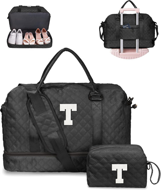 Granddaughter Gifts-Initial Duffle Bag with Shoe Compartment, Personalized Weekender Bag, Overnight Bag, Letter Travel Bag with Makeup Bag，Birthday Gift Graduation Gifts for Her (Letter T)