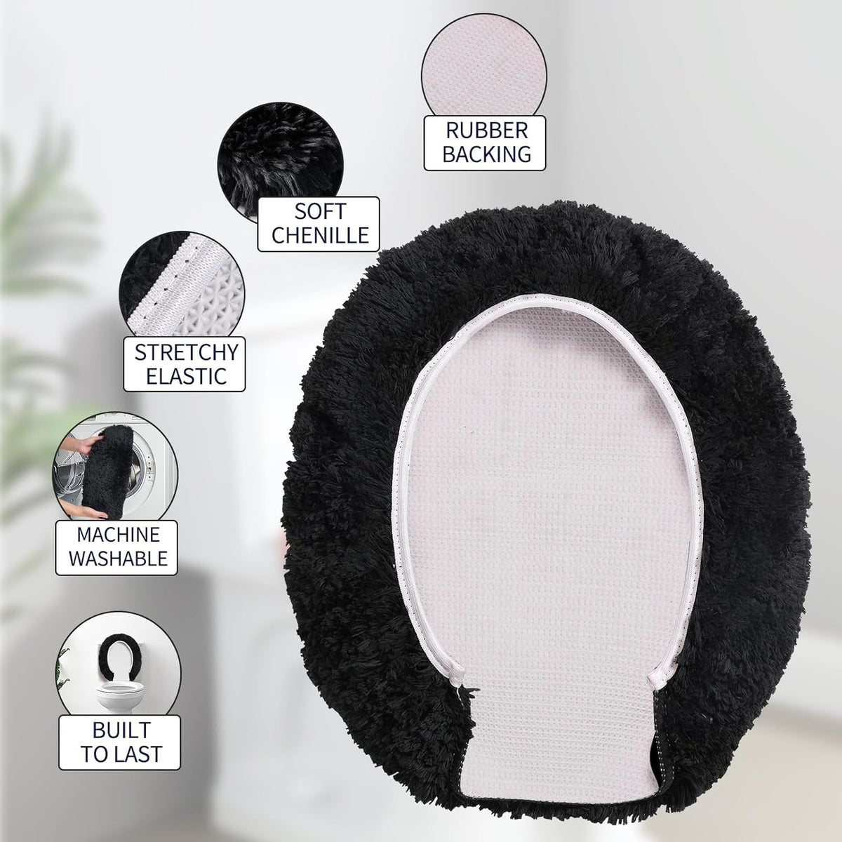 Microfiber Elongated Toilet Seat Cover 19.5"x 15" Machine Washable Solid Toilet Lid Cover Adjustable Rubber Backing Fits Most 18-19.5" L x 14-16" W Elongated Toilet Seat
