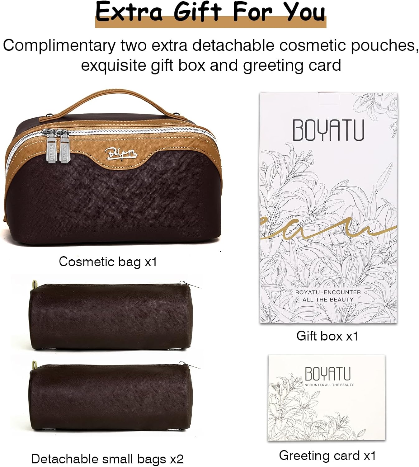 BOYATU Travel Makeup Bag Organizer Cosmetic Bag: 3 Pcs Set Make up Bags for Women with Handle - Waterproof Vegan Leather Toiletry Bags with Comparments (D-01-Brown)