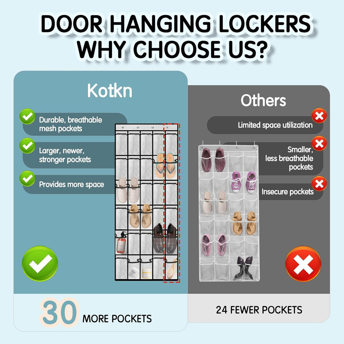 Over the Door Shoe Organizer with 30 Breathable Mesh Pockets - Large Capacity Closet Storage for Men & Women, Hanging Shoe Rack Organizer (White)