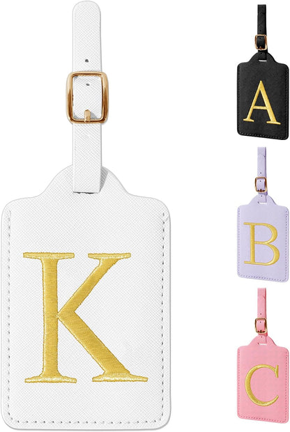 Personalized Initial Luggage Tags for Suitcase TSA Approved, White Leather Cute Luggage Tag with Privacy Cover Name Card, Embroidered Custom Luggage Tags Travel Baggage Tags Gifts for Women Kids(K)