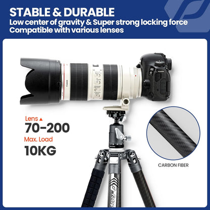 Fotopro Carbon Fiber Tripod for Camera 2lbs Ultralight 62 Inch Travel Camera Tripod Max Loads Up 22lbs X-Aircross 3 Grey