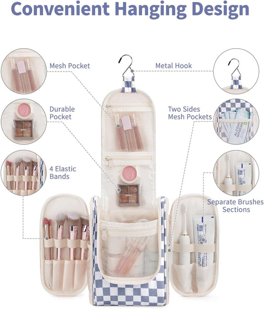 Narwey Small Checkered Hanging Travel Toiletry Bag for Women, Travel Bag for Toiletries, Makeup Bag Organizer Cosmetic Bags Make Up Bags for Women (Grayish Blue Checkerboard)