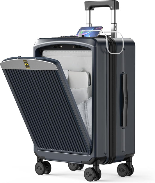 Carry on Luggage 22x14x9 Airline Approved, Durable PC Hardside Suitcase with TSA Lock for Business Trip & Travel, 20 Inch Carry-on Luggage with Front Pocket, USB Port & 360°Spinner Wheels, (Dark Grey)