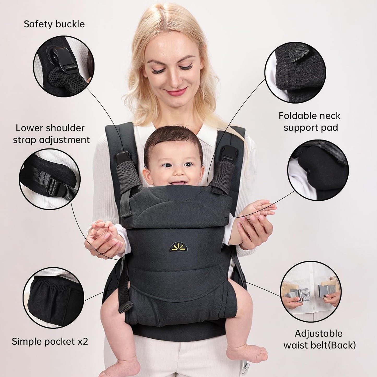 Baby Carrier for Newborns to Toddlers, Adjustable, Ultra-Soft and Weightless, Ergonomic Baby Carrier with Head Support, Baby Travel Gear, Baby Essentials (Black)