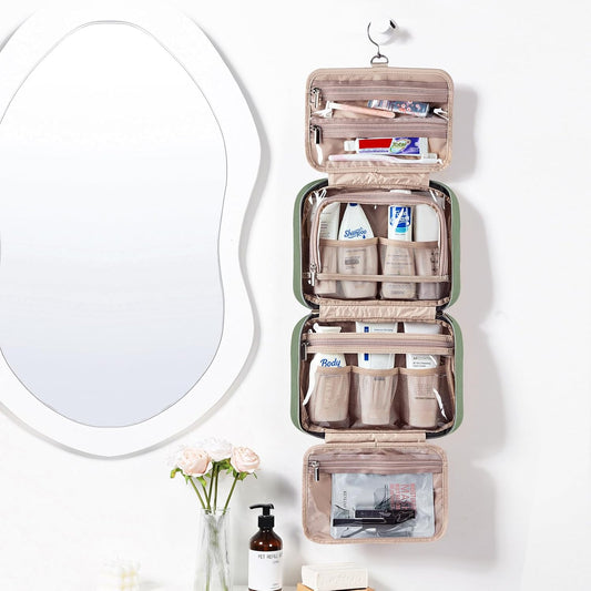 NISHEL Large Double Layer Travel Makeup Bag Women, Cosmetic Case, Organizer for Travel-Size Accessories Bottles, Brushes, Conditioner, and Skin Care Products, Bronze Green