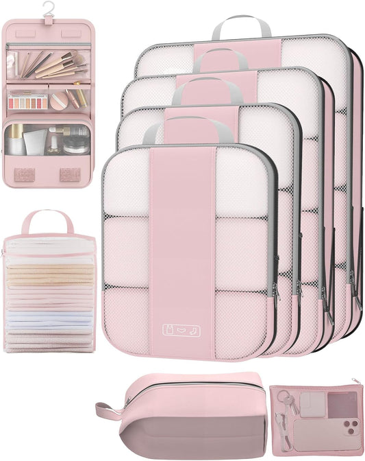 8 Set Compression Packing Cubes for Travel Essentials,Compressible Expandable Packing Cubes for Suitcase,OlarHike Luggage Organizer Bags for Travel,Handy Helper for Organizing Clothes(Pink)