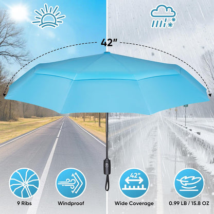 PTEROMY Windproof Compact Travel Umbrellas for Rain and Sun, Withstands 85MPH Winds Auto Open Close Folding Umbrella with Ergonomic Handle, Quick Dry Canopy for Commuting or Backpack
