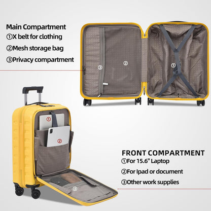 2 Pieces 19/29 Luggage Sets, 19 Inch Carry On Luggage with Front Pocket & 29 Inch Side Opening Suitcase, Ligthweight ABS+PC Hardshell, TSA Lock & YKK Zipper with HINOMOTO 360° Wheels, Yellow
