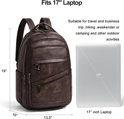 43L Backpack for Women Men - Vegan Leather Backpack Purse Travel Carry-on Bag College Bookbag Work fits 17" Laptop, Coffee