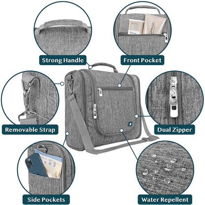 PAVILIA Extra Large Toiletry Bag Travel Bag for Women Men, Hanging Cosmetic Organizer, Water Resistant Makeup Bag for Accessories Toiletries, Travel Essentials Kit (Grey)
