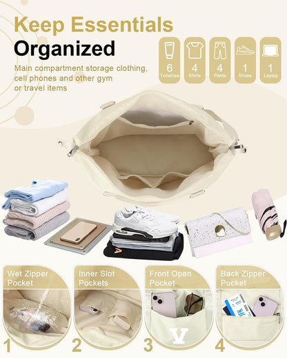 Initial Travel Duffel Bag Sports Gym Bag for Kids Teen Birthday Gifts,Beige Personalized Weekender Bag Carry On Dance Bags for Women Men,Waterproof Monogram Overnight Bag with Trolley Sleeve(Letter V)