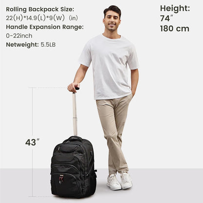 Boavan Wheeled Backpack,18.4 inch Water Resistant Rolling Backpack,Carry on Luggage Business Bag, Overnight College Computer Backpacks Trolley Suitcase for Men Women Adults to Travel，Black
