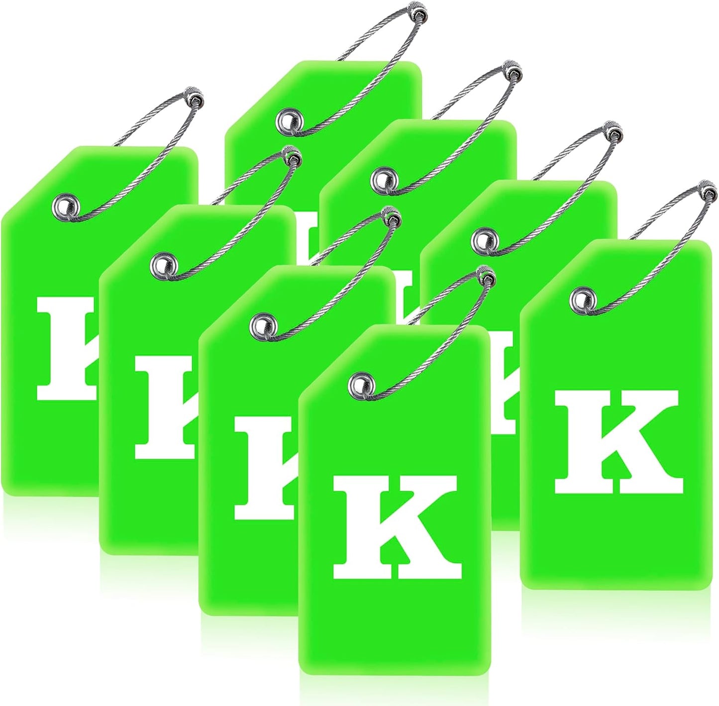 8 Pcs Luggage Tags for Suitcases, 26 Initial Letter Travel Luggage Baggage Identification Labels ID Tags Fully Bendable Tags with Stainless Steel Loop (Letter K, Green)