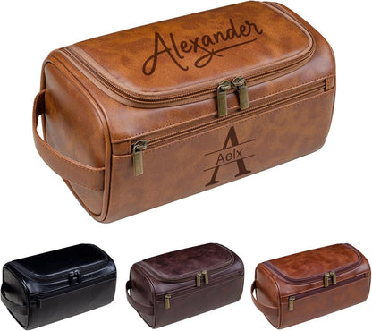 3-in-1 unisex PU toiletry bag: laser engraving & detachable waterproof section. Great personalized gifts (groomsmen, Father's Day, birthdays) — ideal for travel, gym, camping.