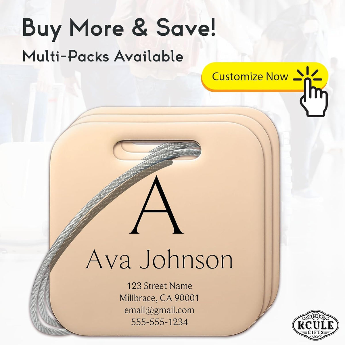 Customized Stainless Steel Luggage Tags: Personalize Your Suitcases, Backpacks, and Bags with Your Text (Rose Gold)