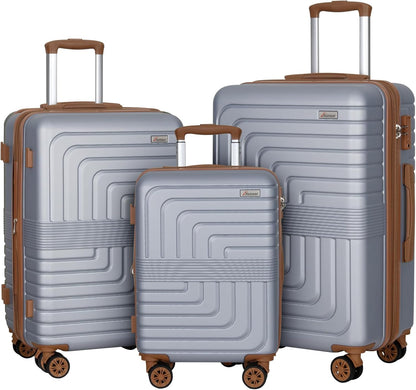 Romswi Luggage Sets 3 Piece Expandable PC+ABS Suitcases, Durable Hardshell Lightweight Suitcase Set with TSA Lock Dual Spinner Wheels, 21/24/28 Inch, Silver