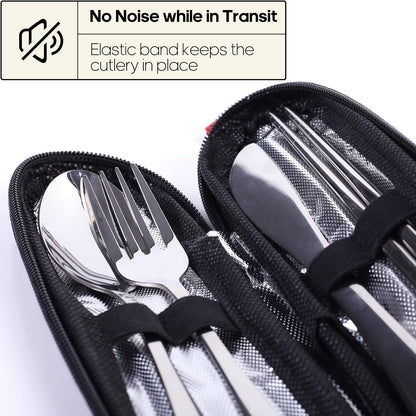 Travel Utensils with Case, Quatish Portable Silverware Set for Work, Stainless Steel Reusable Travel Cutlery Set, Fork and Spoon Set for Camping, EDC Gadgets, Lunch Box for Men, Silver
