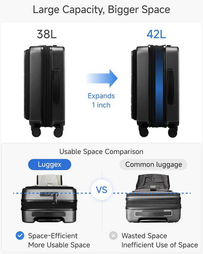 LUGGEX Luggage Sets 2 Piece, FLO5 Expandable Polycarbonate Hard Shell Suitcase Sets with Front Pocket (FX-Core, Black, 20/28 Inch)