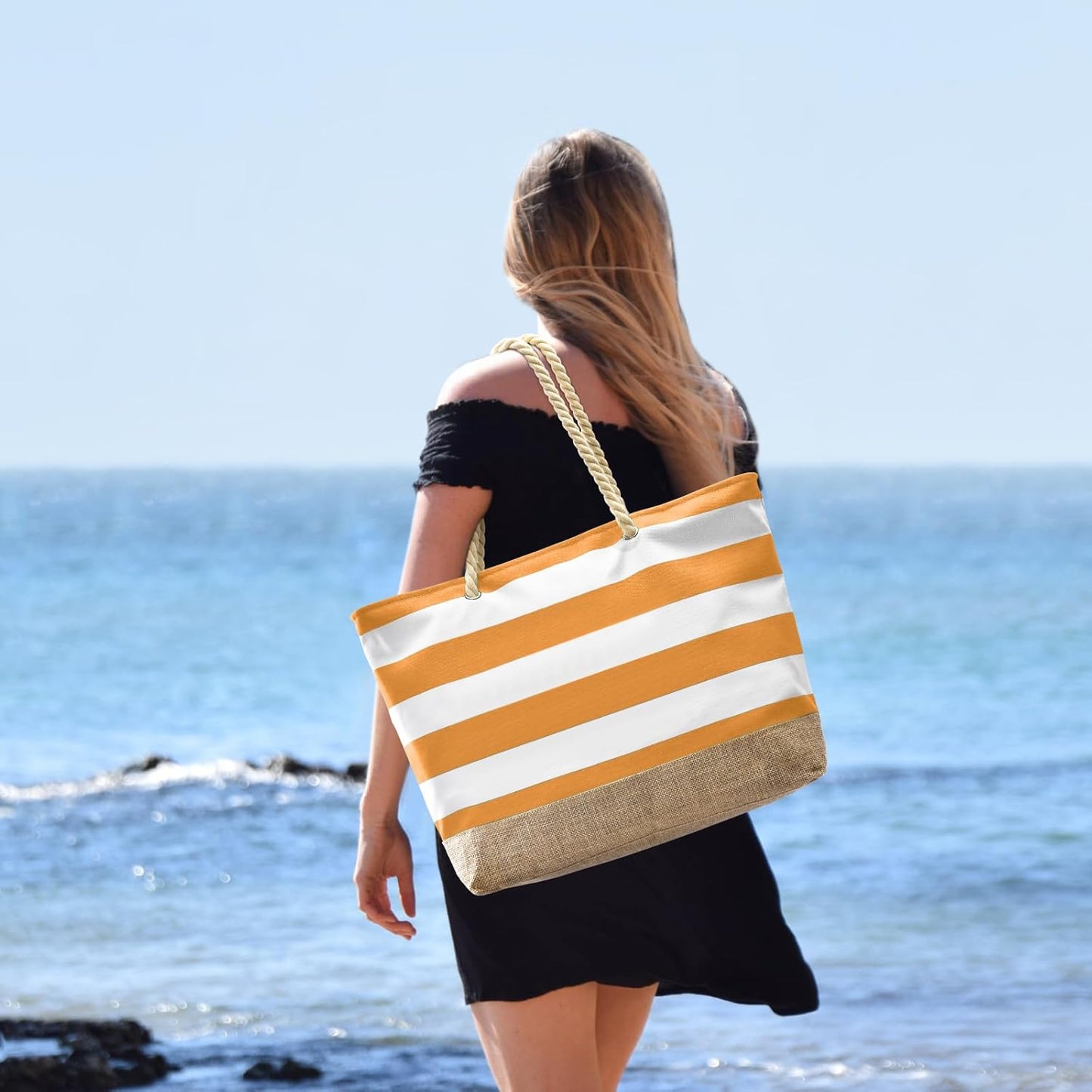 Becokan Beach Bag Initial Beach Tote with Makeup Bag for Travel Work Storage Personalized Birthday Gifts for Women Her