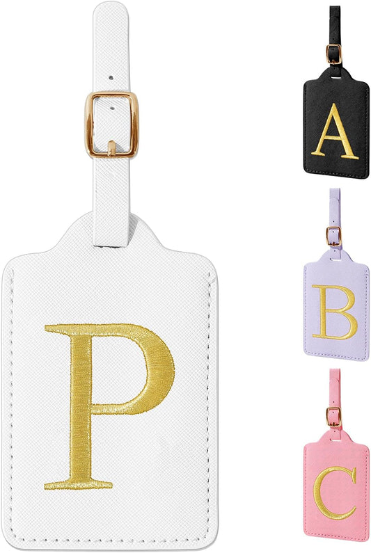 Personalized Initial Luggage Tags for Suitcase TSA Approved, White Leather Cute Luggage Tag with Privacy Cover Name Card, Embroidered Custom Luggage Tags Travel Baggage Tags Gifts for Women Kids(P)