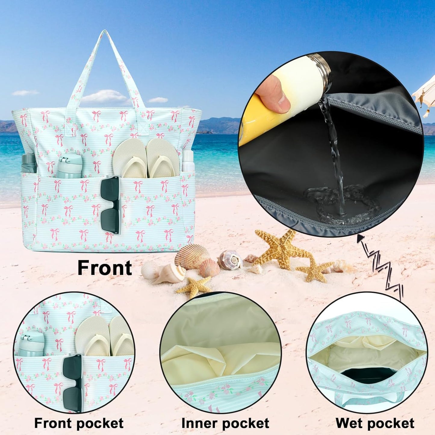 Waterproof Beach Tote Pool Bags for Women Ladies Extra Large Gym Tote Carry On Bag With Wet Compartment for Weekender Travel