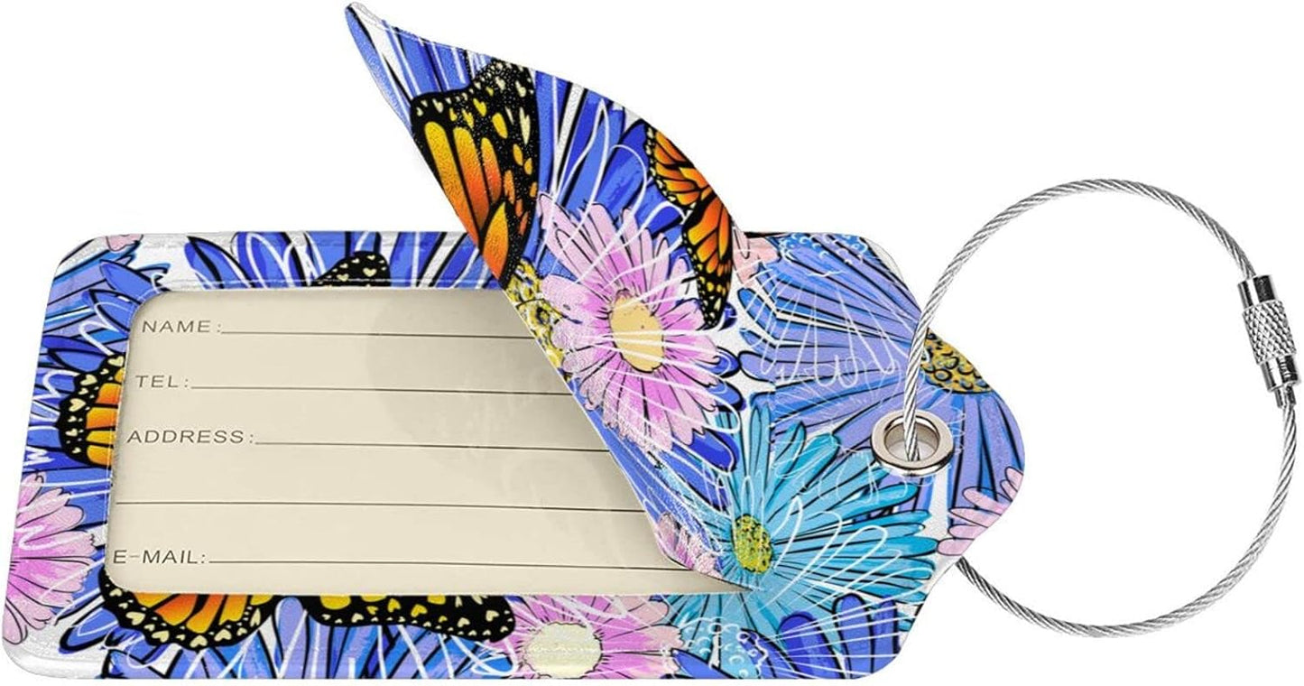 Set of 2 Artistic Flowers Luggage Tags with Butterfly Pattern, Pretty Suitcase Tag Privacy Name ID Card Pink Blue Floral Travel Bag Labels with Stainless Steel Loop for Women Girls Kids Adult