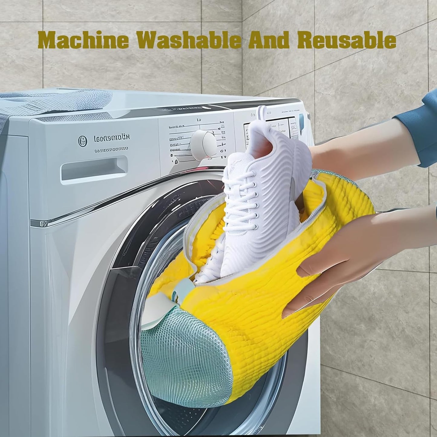 Shoe Washing Machine Bag 2PCS，Laundry Shoe Bag For Washer And Dryer，Reusable Shoe Cleaning Bag for All Shoe Types And Sizes，360°Wrap-around Shoe Washing Bag with One Shoe Brush(Yellow & Blue)