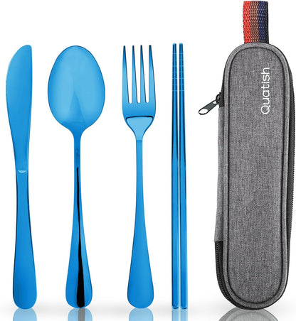 Travel Utensils with Case, Quatish Portable Silverware Set for Work, Stainless Steel Reusable Travel Cutlery Set, Fork and Spoon Set for Camping, Picnic, Gadgets, Lunch Box for Men, Blue