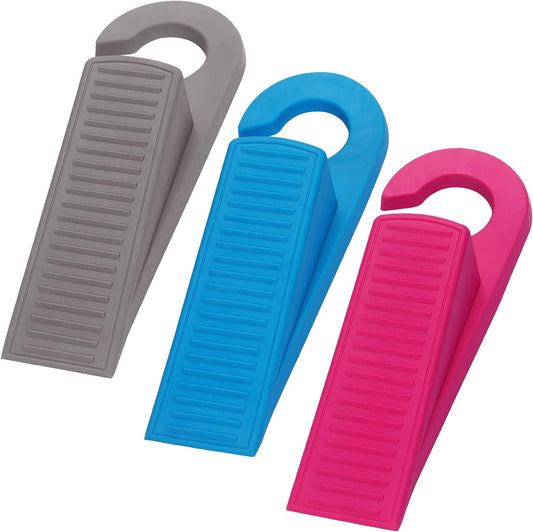 3 Pack Rubber Hook Type Door Stoppers 1 Inch Thick Door Stop Works on All Floor Surfaces, Control The Size of The Door Gaps and Prevent The Lock-Outs (Gray/Blue/Rose)