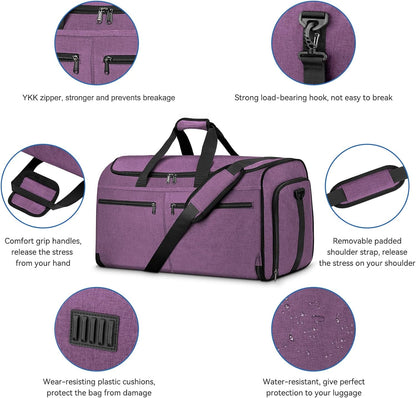 Large Garment Bag for Travel, Bukere Convertible Suit Travel Garment Duffel Bag for Women Business, Shoe Compartment, Detachable Shoulder Strap, 2 in 1 Hanging Suitcase Suit Travel Bags, Purple